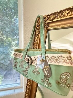 Retired Vintage Mary Frances Beaded Green Shoulder Bag